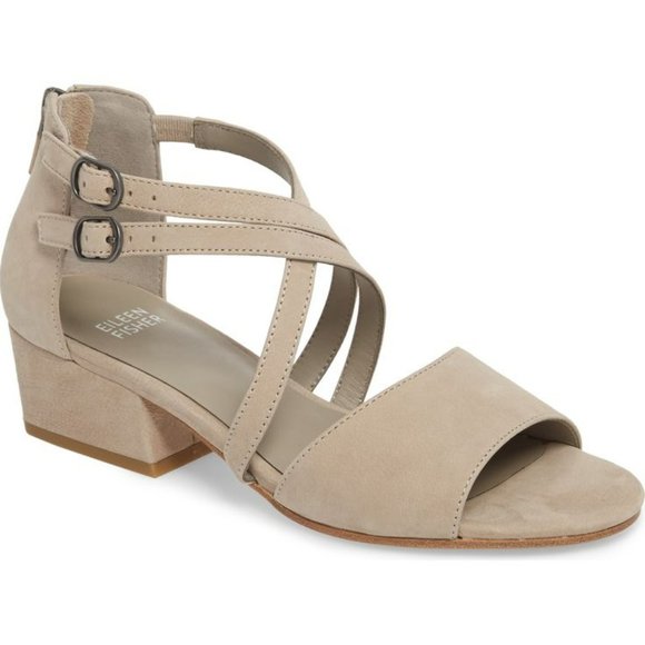 NEW Eileen Fisher women Sandals Kyra tan Nubuck Leather Open Peep Toe Size 7.5 - Picture 1 of 13